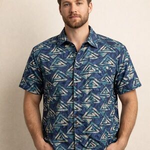 RSQ Men’s teal geometrical Hawaiian patterned 90’s button down collared shirt